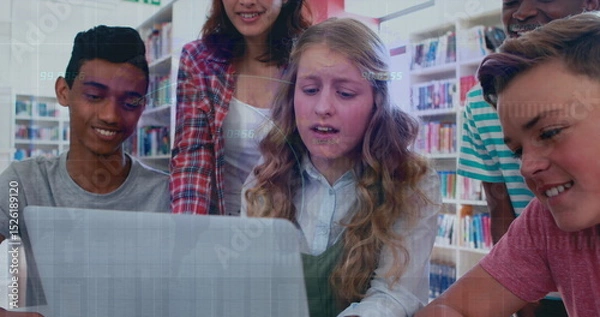 Obraz Image of multiracial students studying over laptop and laughing over infographic interface