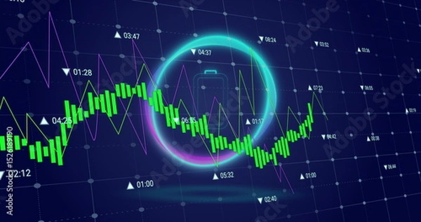 Obraz Image of circle with battery over digital screen with financial graphs and data