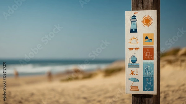 Fototapeta Beachside sign featuring illustrations that promote sun protection and safety practices, including lighthouse, sun, and various beach activities. This vibrant sign enhances coastal atmosphere