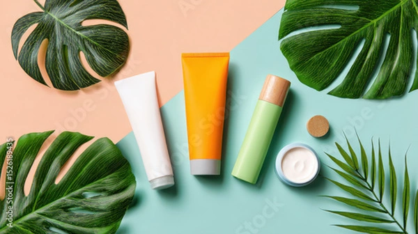 Fototapeta Skincare products arranged flat lay with tropical leaves, showcasing vibrant colors and various textures. This composition evokes refreshing and natural vibe, perfect for summer skincare routines
