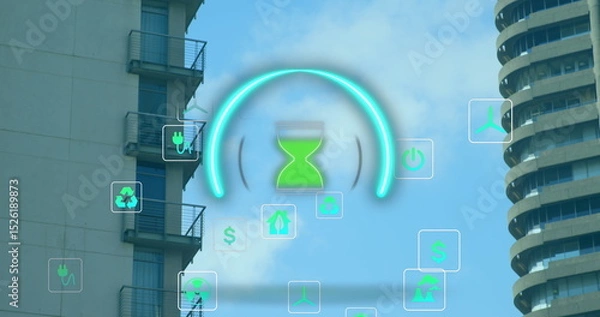Obraz Image of ecology icons and hourglass over cityscape