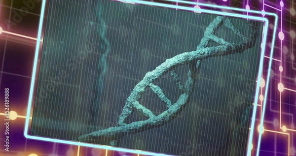 Fototapeta Image of dna strand over moving shapes