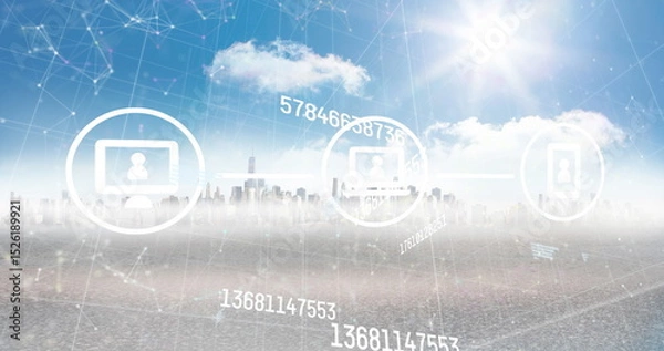 Fototapeta Image of data processing over cityscape