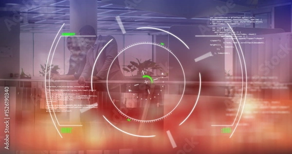 Fototapeta Image of scope scanning with data processing over diverse business people at office
