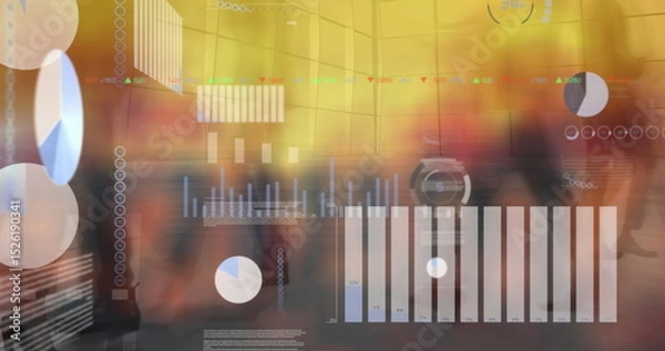 Obraz Image of financial data processing over diverse people walking on street