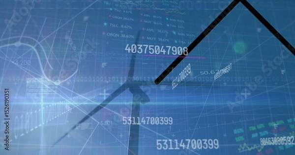 Obraz Image of financial data processing and binary coding over wind turbines