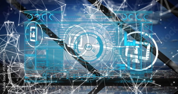 Fototapeta Image of scope scanning and network of connections with icons over cityscape