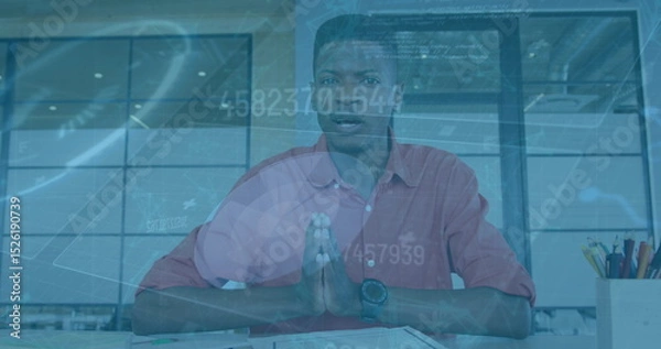 Fototapeta Image of financial data processing over african american businessman on image call