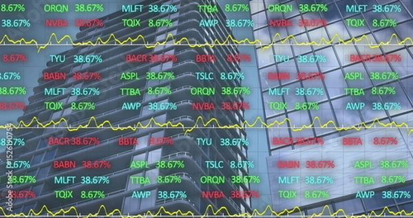 Fototapeta Image of data processing over cityscape