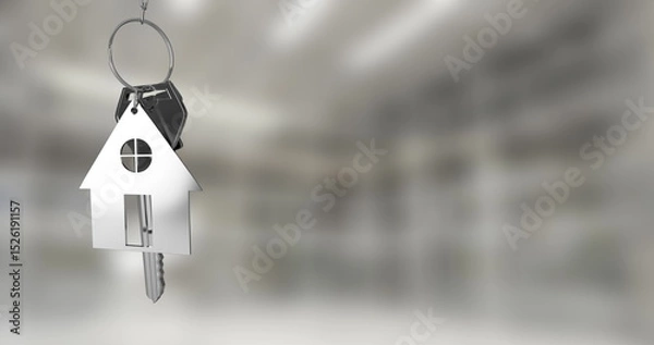 Obraz Image of silver house keys hanging against blurred background with copy space