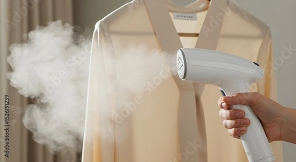 Fototapeta Close up of a hand holding a portable garment steamer, releasing steam to de-wrinkle a cream colored blouse hanging on a clothes hanger. Modern household appliance for clothing care and laundry.