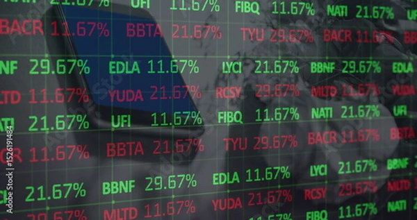 Obraz Image of stock market data processing against close up of a smartphone