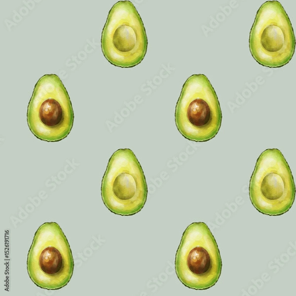 Fototapeta Simple seamless pattern with watercolor half an avocado on green-grey background. Digital illustration. Digital paper.