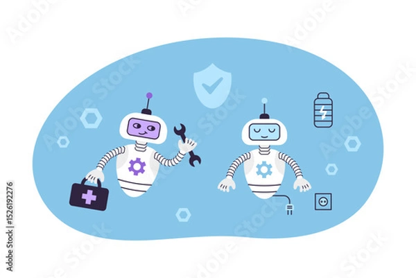 Fototapeta Cute android robot repairing another robot. Concept of digital security and technical support. Isolated vector illustration.