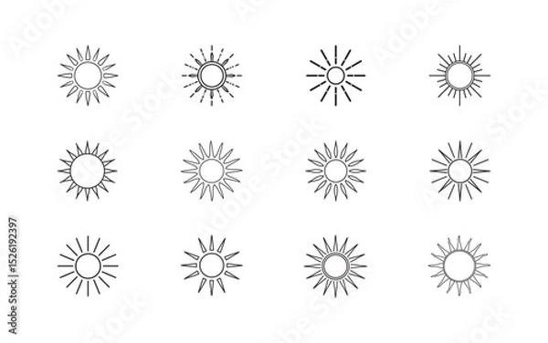 Fototapeta A set of twelve minimalist sun illustrations in a line art style, ideal for graphic designs, branding, or a conceptual art project