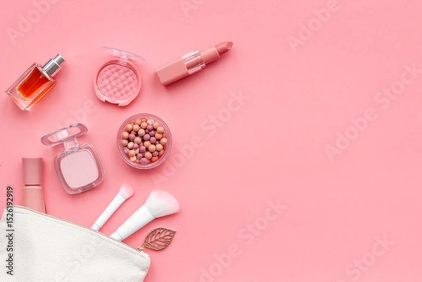 Obraz Layout of makeup cosmetic and brown pink shade beauty products, top view
