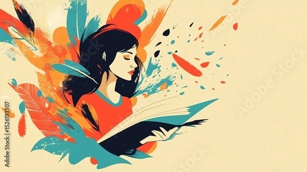 Fototapeta Abstract artwork featuring a woman engrossed in reading a captivating book
