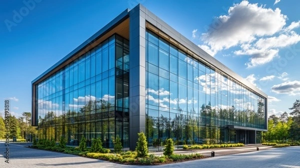 Obraz Modern glass office building reflects sky and trees outside. Great visual for corporate, tech, or environmental themes.