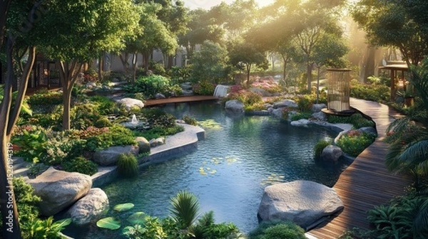 Obraz Scenic view of a lush green garden with pond and wooden walkway. Perfect for relaxation themes or promoting landscape design projects.