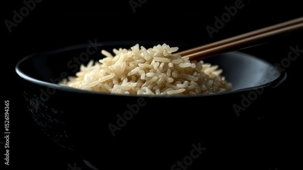 Obraz Close-up of a bowl of rice with chopsticks on a dark background. Perfect image to show healthy eating or Asian cuisine.