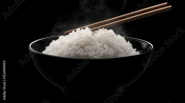 Obraz Steaming white rice is in a black bowl with chopsticks on a black backdrop. Perfect food shot for a meal concept, menu, or recipe project.