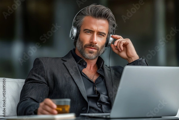 Obraz Elegant businessman in a dark business suit conducts negotiations online on a laptop. Remote work, meetings and online business concept. Lifestyle portrait for poster, visual, design