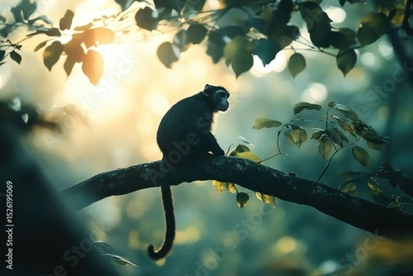 Obraz A monkey sits on a tree branch in a bright, lush tropical forest. Use for conservation, nature documentaries, or educational materials.