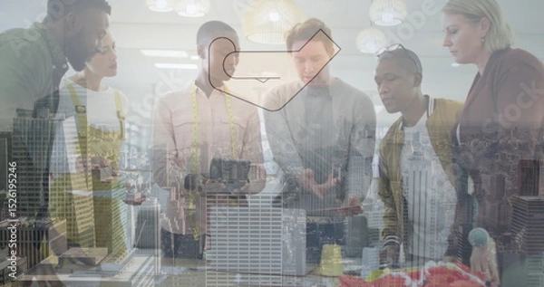 Obraz Image of hand icon over diverse businesspeople in office and cityscape