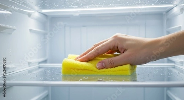 Fototapeta Woman's Hand Meticulously Cleans an Empty Refrigerator Shelf with a Yellow Sponge. Focus on Household Chores, Kitchen Hygiene, and Appliance Maintenance.