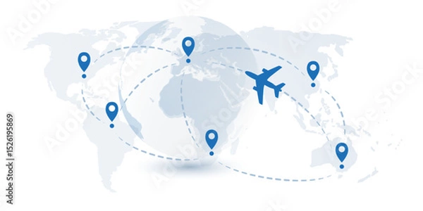 Fototapeta Traveling Around the World - Air Transportation Concept, Travel by Airplane - World Map Design with Planes Flying Intercontinental Routes to Various Destinations - Vector Template on White Background
