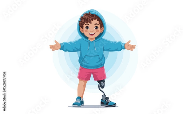 Fototapeta Happy cartoon boy with prosthetic leg smiling with open arms, illustration promoting disability inclusion and joy
