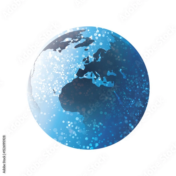Fototapeta A stylized globe vector with glowing white dots and a subtle blue gradient on a white background. The Earth map design suggests global connectivity, data exchange and digital communication.