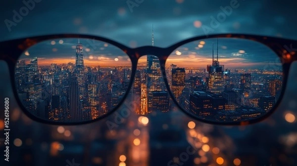 Fototapeta Night city skyline is viewed sharply through eyeglasses lenses. Show improved vision, perspective, or a clearer understanding.