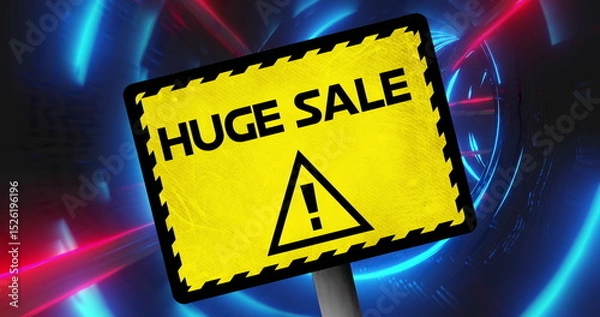 Fototapeta Image of yellow board with huge sale text and alert sign moving in colorful illuminated tunnel