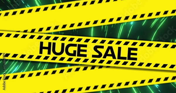 Obraz Image of cordon tape with huge sale text against blurred motion of illuminated green lights