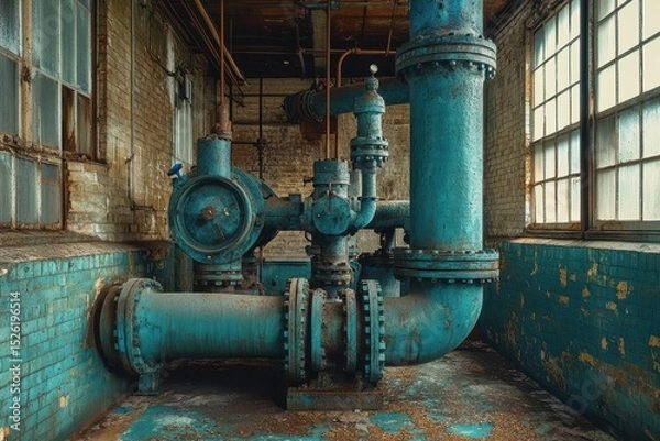 Obraz Old, blue industrial pipes in an abandoned brick building with light from windows. Good for backgrounds, industry themes, or showing disrepair and decay.