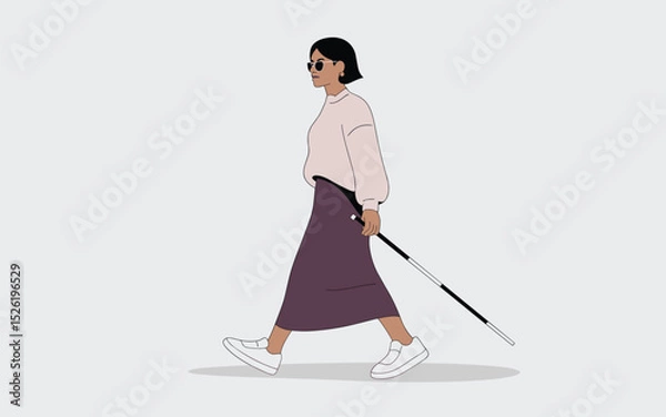 Fototapeta Stylish blind woman walking with white cane and sunglasses, minimalist flat design concept of independence and accessibility
