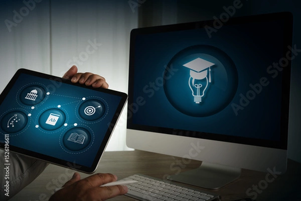 Obraz E-learning Platforms image shows person holding tablet with educational icons displayed, front of computer monitor with graduation cap