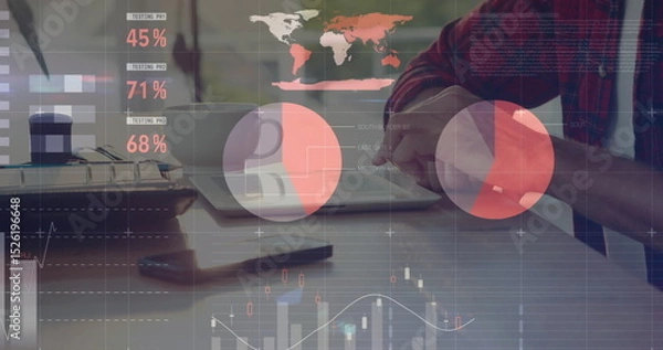 Fototapeta Image of financial data and graphs over hands of caucasian man using laptop