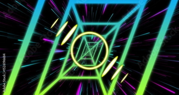 Obraz Image of neon circle over digital screen with neon tunnel and lights
