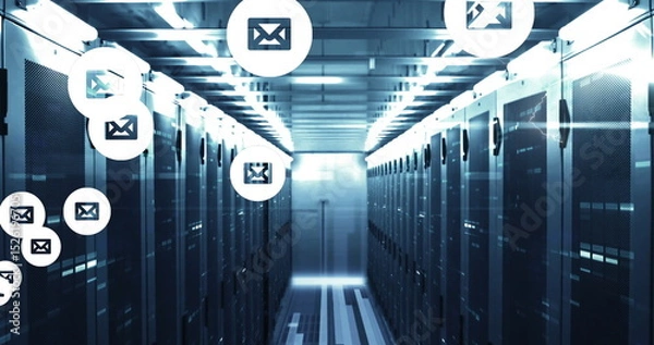 Fototapeta Image of email icons over computer servers