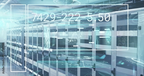 Fototapeta Image of numbers and data processing on screen over computer servers