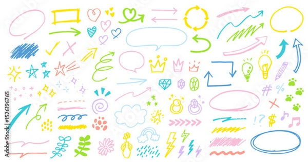 Obraz 手描きの装飾セット。ふきだし、矢印、星、ハート、宝石、王冠など。ペンで描いた感情のアイコン。かわいい線画。