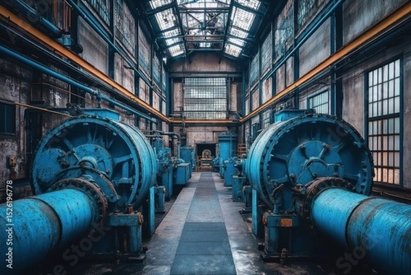 Obraz Blue industrial pumps in a weathered, high ceiling interior with many windows. Ideal for conveying themes of industrial strength or infrastructure needs.