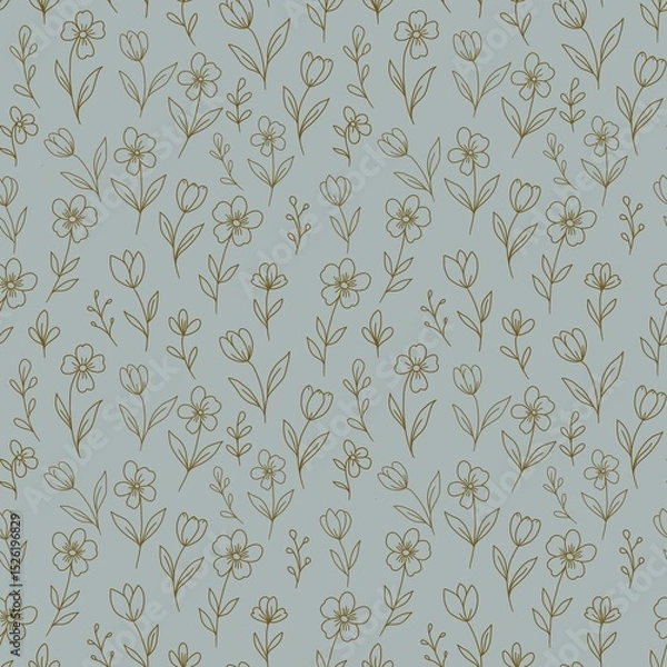 Obraz Floral pattern featuring delicate line drawings of various flowers and leaves on a light blue background. 