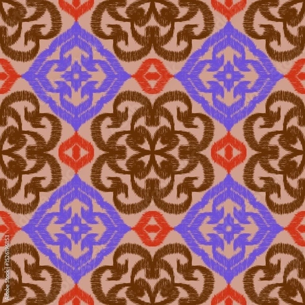 Obraz Geometric pattern featuring interlocking shapes in brown red and blue hues.