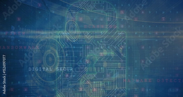 Fototapeta Image of digital padlock with integrated circuit over data processing on navy screen