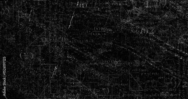 Fototapeta Image of layers of mathematical formulae and moving chalk marks on black chalkboard