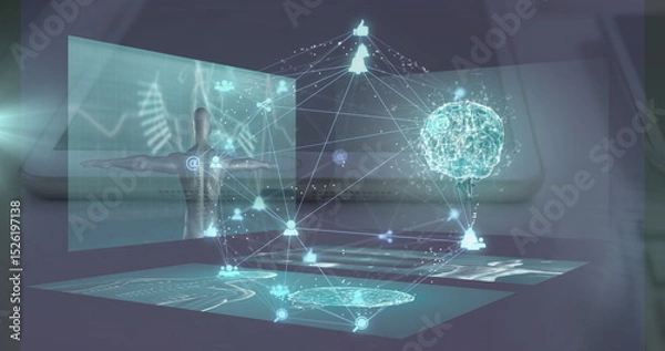 Obraz Projecting holographic interface above laptop on desk, with data panels and floating 3D brain model