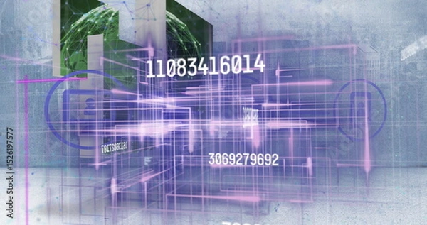 Fototapeta Image of data processing over cityscape